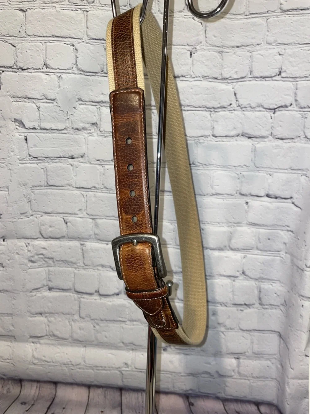 Columbia Brown Leather and Beige Canvas Belt Strap